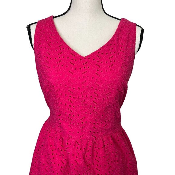 L.L. Bean Hot Pink Eyelet V-Neck Cotton A-Line Dress Size 8 - Picture 5 of 8